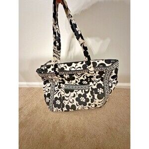 Retired Vera Bradley XL Tote Bag Black White Floral Quilted Cotton Travel